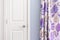 Home interior showing  colonial closet door with purple curtain decor and light blue painted wall