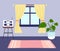 Home interior, window, music system, potted flower. Spending time at home. Flat vector image