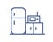 Home kitchen icon with microwave, fridge and cabinet in line art style. Lineart symbol of cooking area with furniture