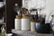 Home kitchen still life: Vintage coffee pot, enamel mugs and ant