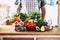 Home kitchen wooden table full of fresh and coloured vegetables ready to be cooked and prepared for healthy nutrition lunch or