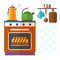 Home kitchenware vector concept with stove, kettle, coffee pot and cake