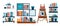 Home library, bookshelves or office shelf, study room interior, isolated icons