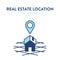 Home location icon. Vector illustration of a image of a building on the ground and location symbol above it. Represents a concept