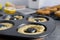 Home made baking concept, donut dough, donuts, eggs, lemon, kitchen utensils