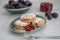 Home made blini pancakes with plums