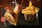 Home made hamburger with beef, onion, tomato. Fresh burger, table with potato fries and chips.