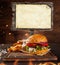 Home made hamburger with blank blackboard