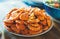 Home made Isolated prepared orange shrimp on background table on kitchen, closeup of fresh prawn products, shellfish sea food