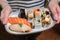 home made Japanese sushi and nigiri in one plate which mix variety of sushi