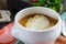 Home-made onion soup in a ceramic bowl. French cuisine