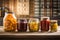 Home mede conserve. Pickled vegetables and preserves in glass jars on a wooden shelf. Preserved food Ai generated