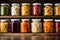 Home mede conserve. Pickled vegetables and preserves in glass jars on a wooden shelf. Preserved food Ai generated