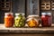 Home mede conserve. Pickled vIrated geneAegetables and preserves in glass jars on a wooden shelf. Preserved food