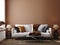 Home mockup, brown warm color living room with sofa and decoration