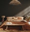 Home mockup, dark bedroom interior background with rattan furniture