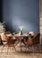 Home mockup, modern dark blue dining room interior with brown leather chairs, wooden table and decor