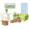 Home moving illustration. Furniture, classic door, cardboard boxes.