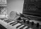 Home music studio: microphone, midi keyboard, laptop
