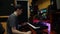 Home music studio. Musician Songwriter playing piano midi keyboard at recording studio. Sound engineer working at home music studi