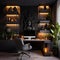 a home office with a buddha statue on the wall Bohemian interior Workspace with Charcoal Gray color