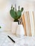 Home office desk with indoor plants such as a cactus and stationery on a white background, creating a relaxing work environment