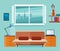 Home office interior with sofa and laptop. Freelancer workplace. Flat vector illustration