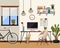 Home office interior. Vector illustration. Modern loft interior of open space home office with furniture