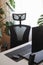 Home office with orthopaedic chair and curved display for work around with plant