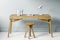 Home office or study, close up view of wooden chair and table with gray blue wall in background and light wood floor