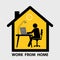 Home Office, Work from Home  Allowed - Icon, Sign or Symbol. Stick figure sitting on a chair at home behind desk and writing on