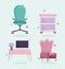 Home office workplace armchair drawers computer lamp and desk icons