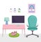 Home office workplace desk computer chair lamp pictures and sleeping cat