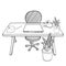 Home office workplace with desk, laptop, plant, headphones, mug of coffee. Outline hand drawn vector illustration