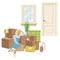 Home packing and moving illustration. Domestic goods and furniture with cardboard boxes, packing twine and stretch wrap.