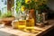 Home pantry with wooden table, kitchen utensils, and sunflower oil for storage