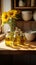 Home pantry with wooden table, kitchen utensils, and sunflower oil for storage