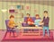 Home party flat vector illustration. Friends at house party. People relaxing in apartment living room composition. Male
