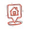 Home pin icon in comic style. House navigation cartoon vector illustration on white isolated background. Locate position splash