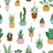 Home plants pattern. Seamless flower potted plant, decorative botanical indoor houseplant, home potted plants vector