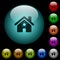 Home quarantine icons in color illuminated glass buttons