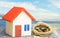 A home with red roof on blue background with bag from sack with coins money inside concept of sell or buy home