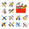 Home repair tools icons working construction equipment set and service worker macter box flat style isolated on white