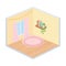 Home room window carpet shelf plant and books isometric isolated icon design