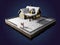 Home for sale realestate sign. Snow-covered cottage on a piece of earth. Christmas cabin at night. 3D illustration.