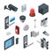 Home security systems vector 3d isometric icons and design elements. Smart technologies, safety house, control concept.