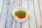 Home service bowl with spaghetti recipe with pomodoro sauce and basil