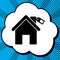 Home silhouette with tag. Vector. Black icon in bubble on blue p