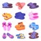 Home slippers cartoon set. Winter fur slipper for kids and adults, fluffy shoes. Various cozy warming footwear, isolated