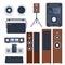 Home sound system stereo flat vector music loudspeakers player subwoofer equipment technology.